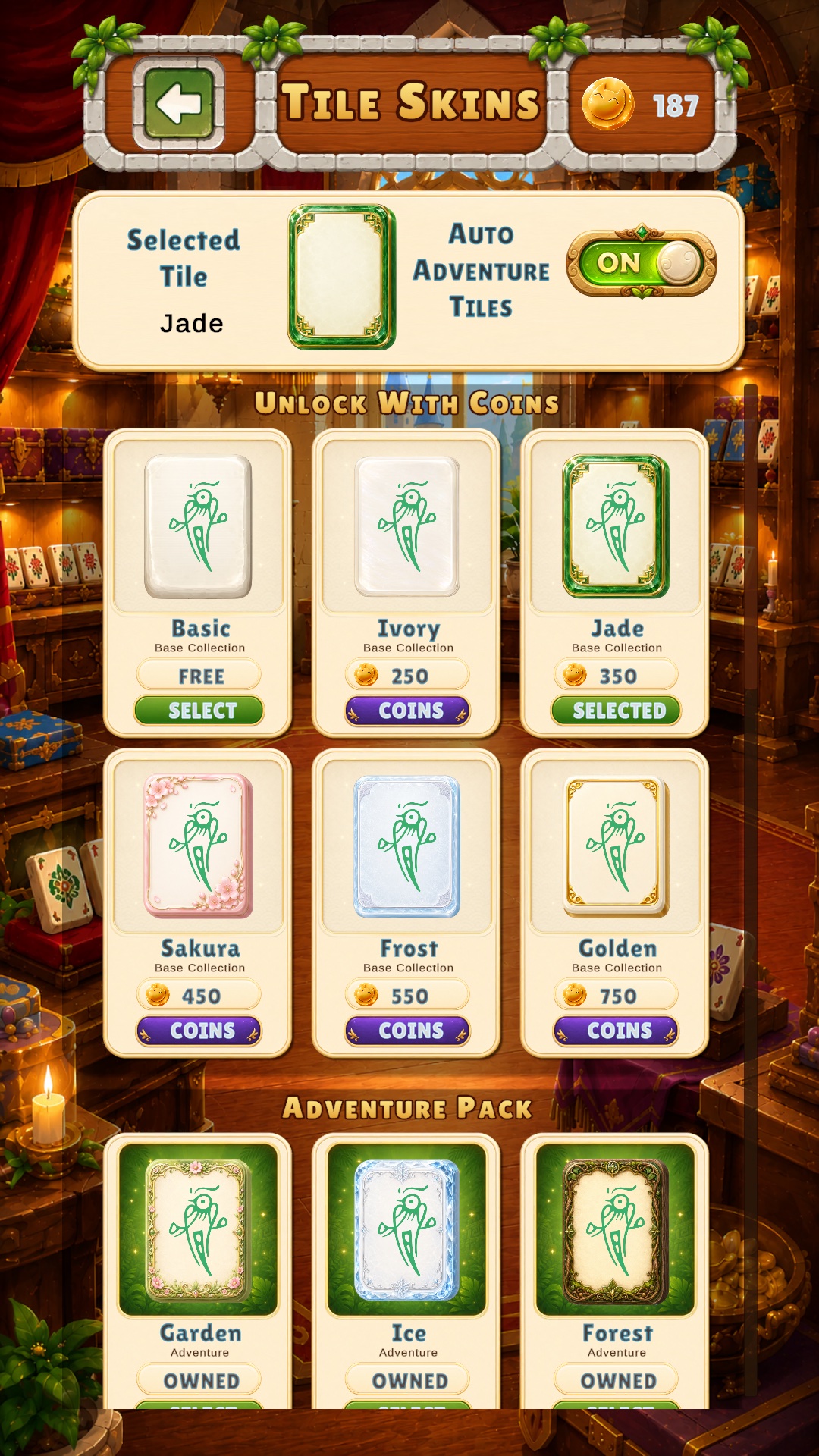 Mahjong Castle tile skin shop.