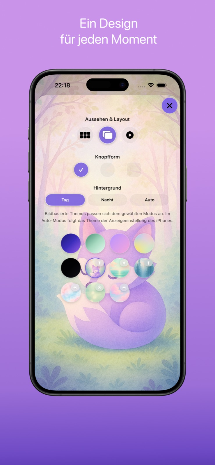Einstellungen für Erscheinungsbild und Layout mit mehreren farbigen Themes und einer Fuchsillustration.