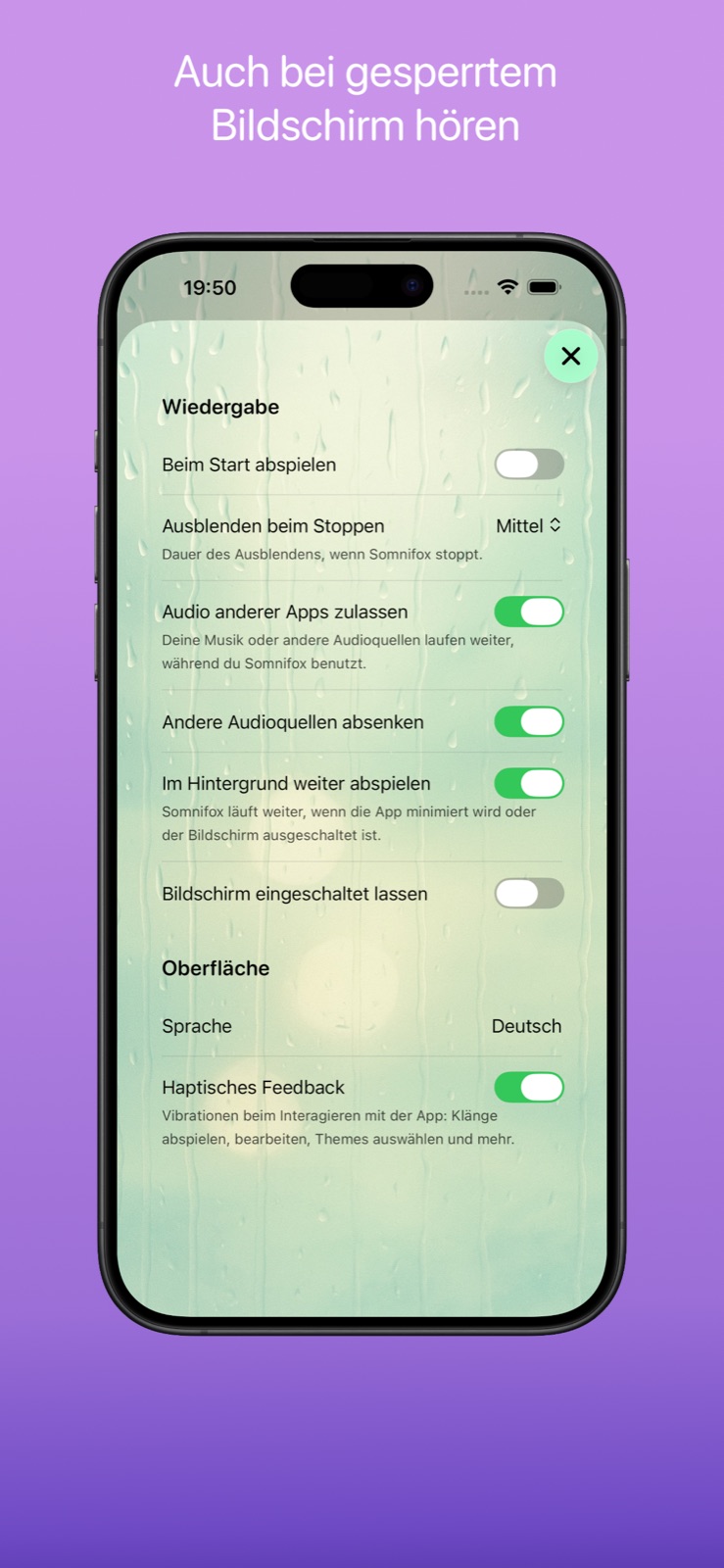 Wiedergabe- und Einstellungsbildschirm mit Optionen wie Beim Start abspielen, Im Hintergrund weiterspielen und Bildschirm eingeschaltet lassen.
