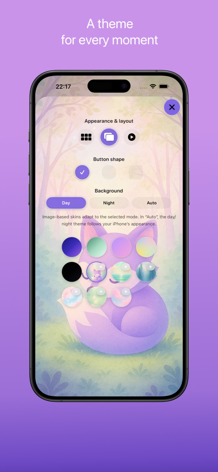 Appearance and layout settings with multiple colorful themes and a fox illustration.