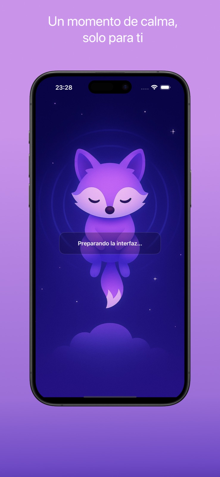 Pantalla de bienvenida de Somnifox con un zorro sobre una nube y el texto « A moment of calm, just for you ».