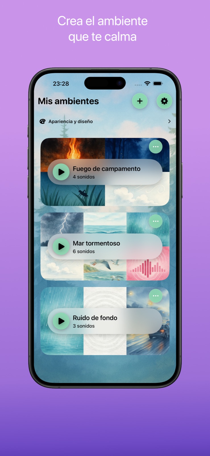 Pantalla principal con una lista de ambientes relajantes como Stormy Sea, Campfire y Background Noise.
