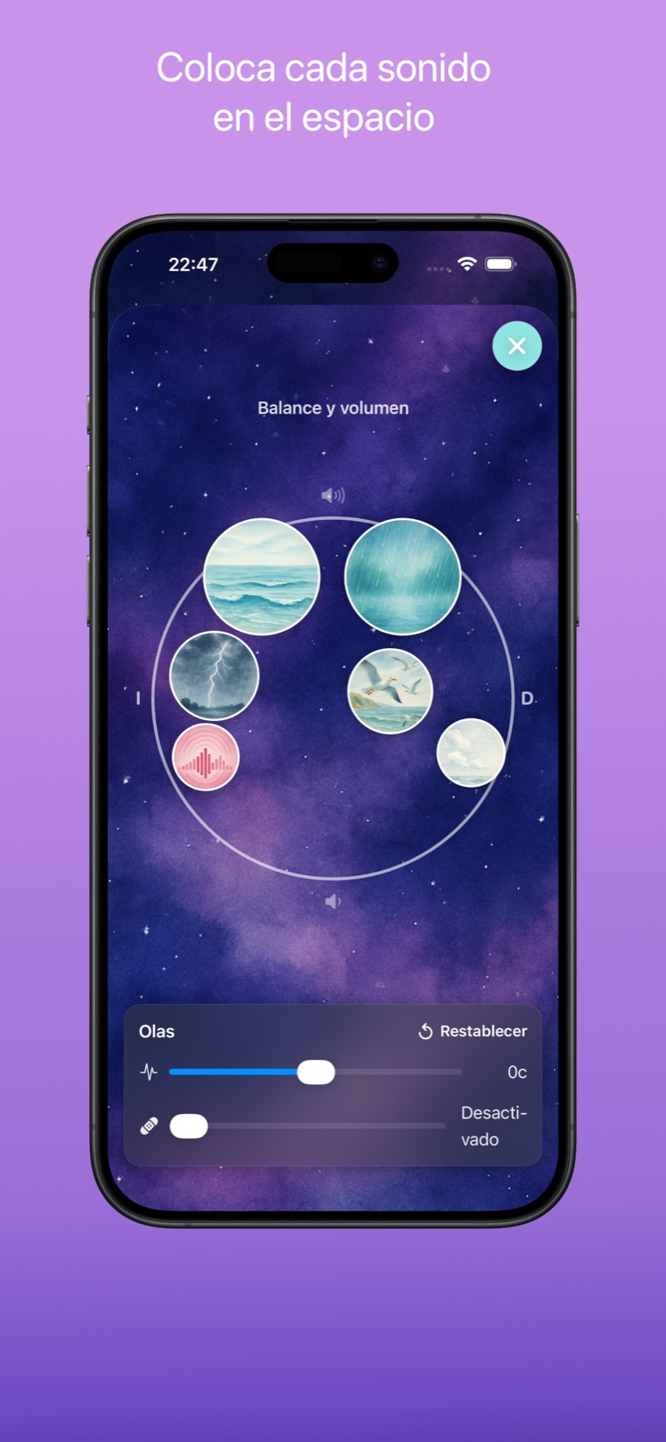 Pantalla de balance y volumen donde cada sonido se coloca en el espacio dentro de un círculo.