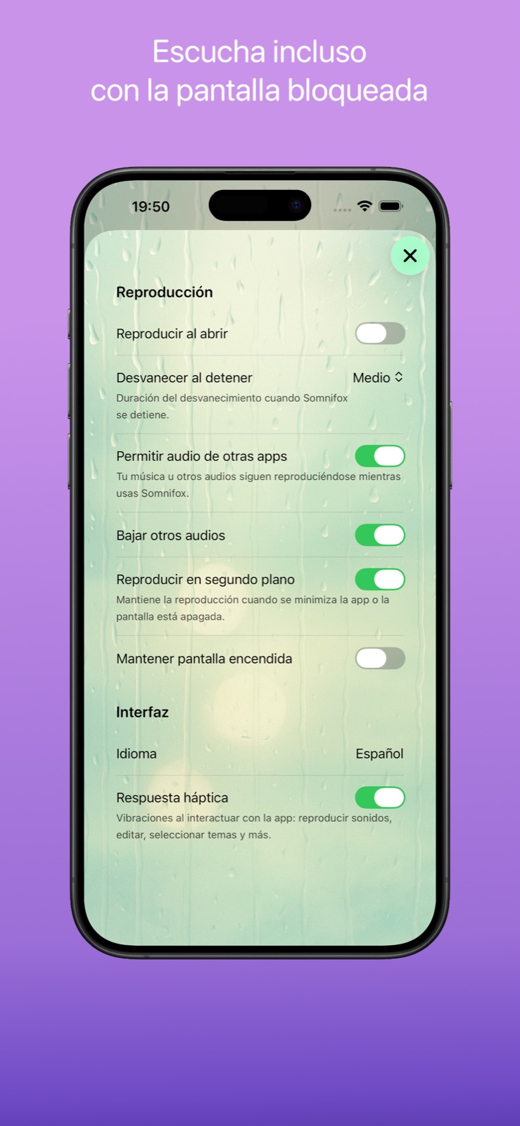 Pantalla de reproducción y ajustes con opciones como reproducir al iniciar, seguir en segundo plano y mantener la pantalla encendida.
