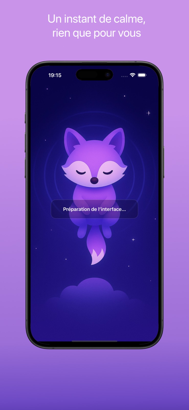 Écran d’accueil de Somnifox avec un renard sur un nuage et le texte « A moment of calm, just for you ».