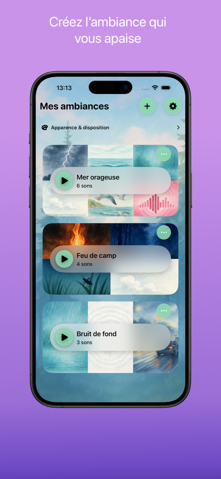 Écran principal affichant une liste d’ambiances apaisantes comme Stormy Sea, Campfire et Background Noise.