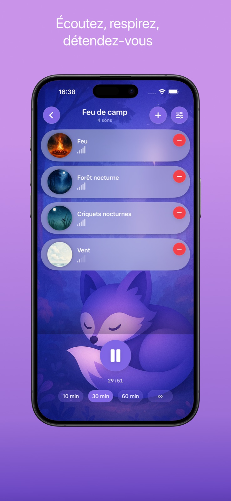 Vue du mixeur avec plusieurs sons, un bouton lecture et une illustration de renard endormi.
