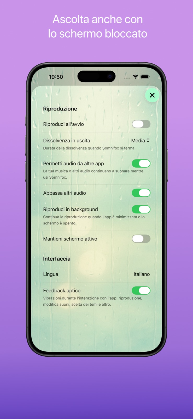 Schermata di riproduzione e impostazioni con opzioni come riproduci all’avvio, continua in background e mantieni schermo attivo.