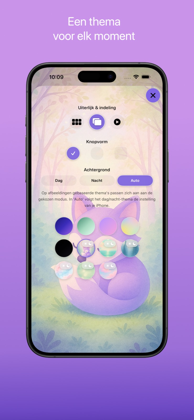 Instellingen voor uiterlijk en lay-out met verschillende kleurrijke thema’s en een vosillustratie.
