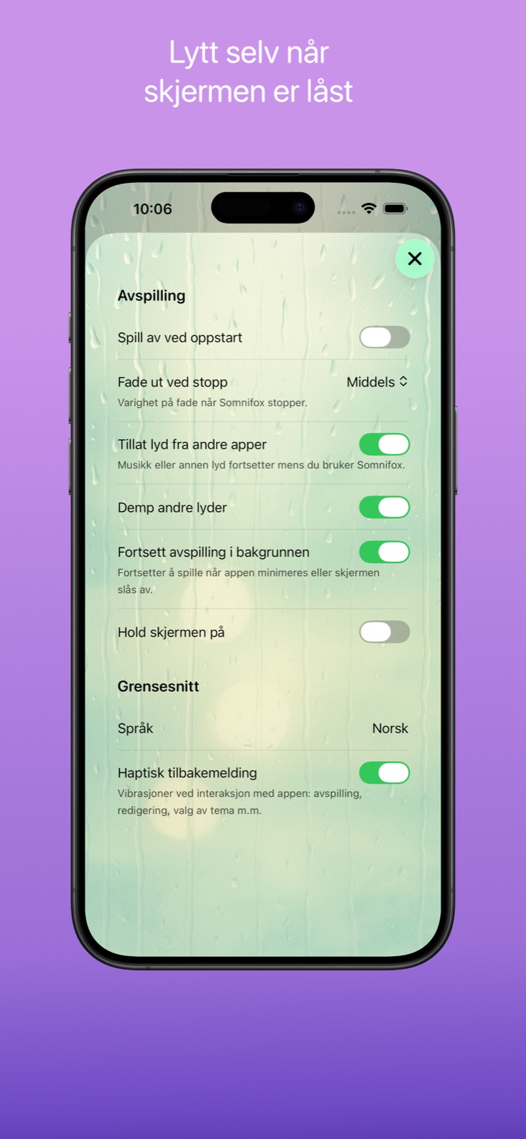 Avspillings- og innstillingsskjerm med valg som spill ved oppstart, fortsett i bakgrunnen og hold skjermen på.