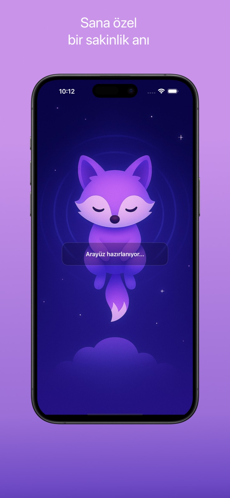 Somnifox karşılama ekranı, bir bulut üzerinde dinlenen tilki ve « A moment of calm, just for you » metni.