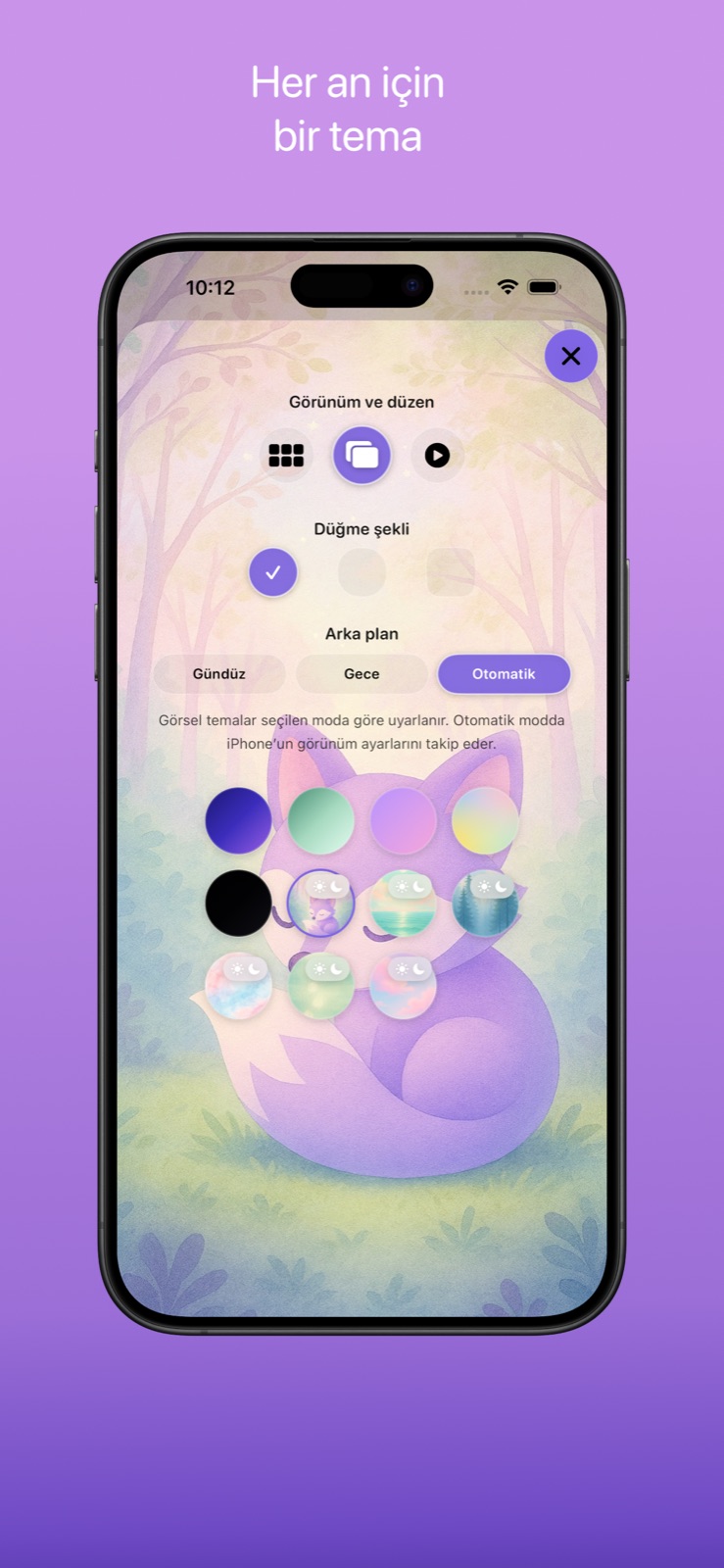 Birden fazla renkli temayla görünüm ve düzen ayarlarını gösteren ekran.