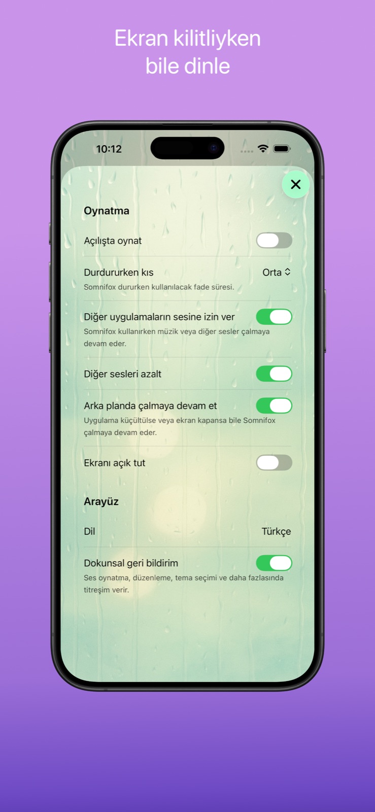 Uygulama açıldığında oynat, arka planda çalmaya devam et ve ekranı açık tut gibi seçeneklerle oynatma ve ayarlar ekranı.