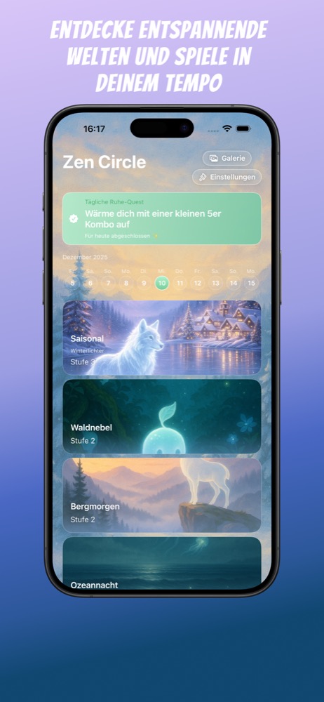 Zen Circle Startbildschirm mit Weltenliste und täglicher Quest.