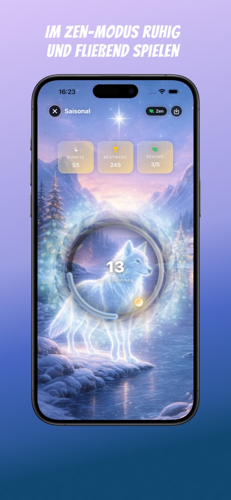 Gameplay in der Winterwelt mit leuchtendem Bogen und Kombometer.