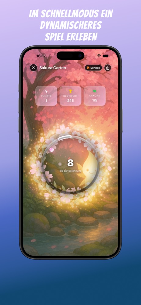 Schnellmodus im Sakura-Wald mit stärkeren Leuchteffekten.