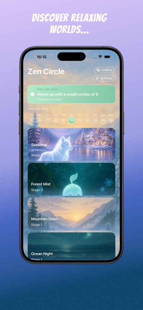 Zen Circle home screen with worlds list and Daily Calm Quest.