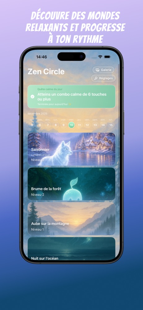Écran d’accueil de Zen Circle avec la liste des mondes illustrés et la quête calme du jour.