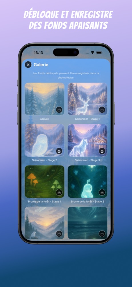 Écran de galerie montrant plusieurs fonds débloqués pour les mondes Forêt, Montagne, Océan et Sakura.