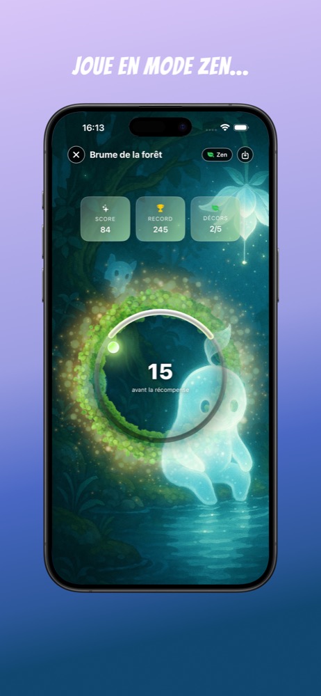 Partie en cours dans le monde hivernal, avec un cercle lumineux, un compteur de combo et des cartes de score.